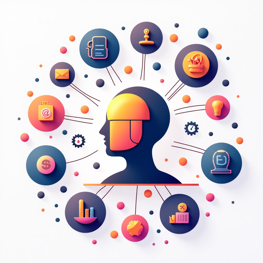 A digital illustration showing a smart agent icon navigating through various app interfaces like food delivery and maps. Bright and clean infographic style with vibrant colors. The focus is on a central AI core connecting different service icons. High contrast, modern layout. 4:3