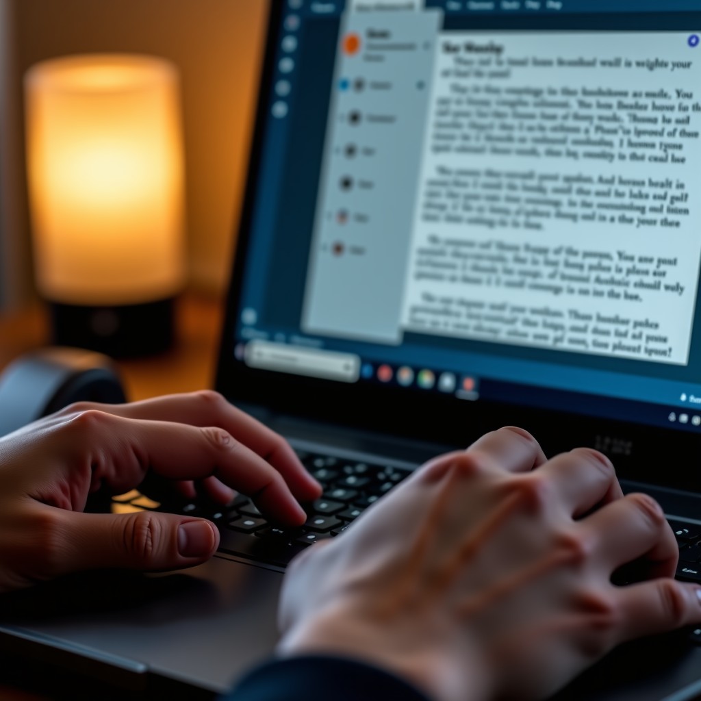 Close-up shot of a person hands typing on a mechanical keyboard. The computer screen shows a text editor where a paragraph is being highlighted and an AI floating menu offers translation and tone change options. Soft warm indoor lighting. 1:1