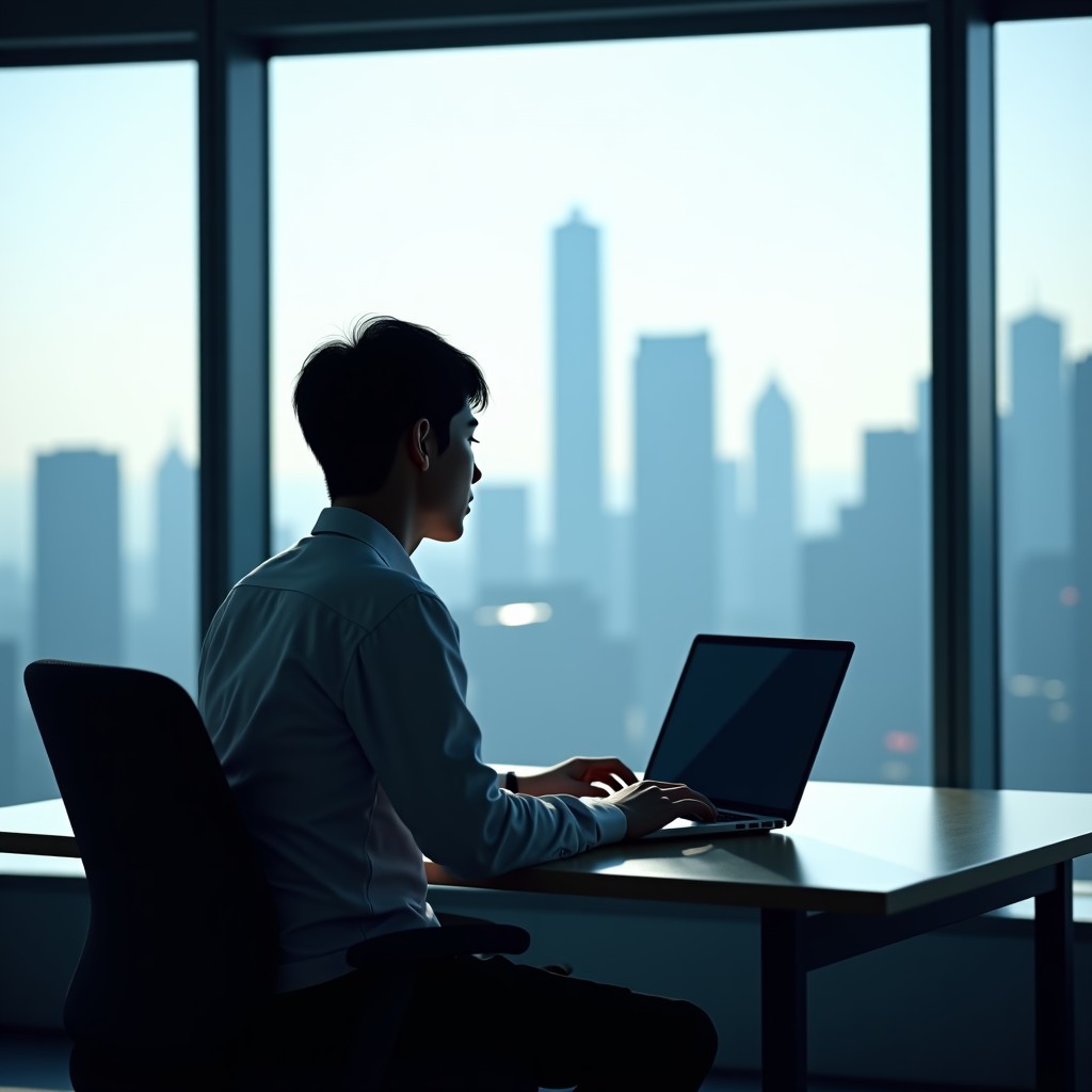 A contemplative South Korean office worker sitting at a desk with a laptop, looking out a window at a futuristic city skyline with digital AI patterns subtly overlaid in the air, modern office interior, soft natural lighting, high contrast, 1:1
