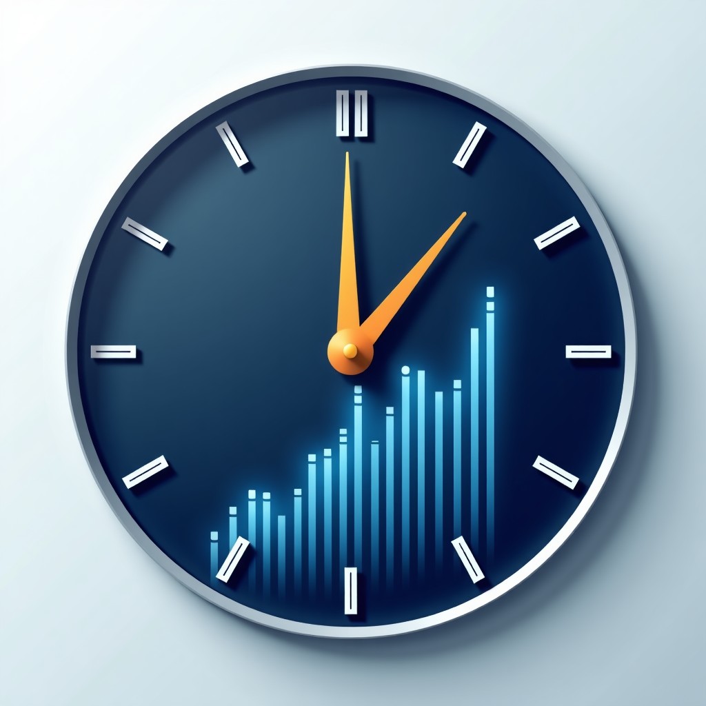 A conceptual digital clock where minutes are represented by flowing data strings, 4 days highlighted on a calendar, clean professional aesthetic, 4:3