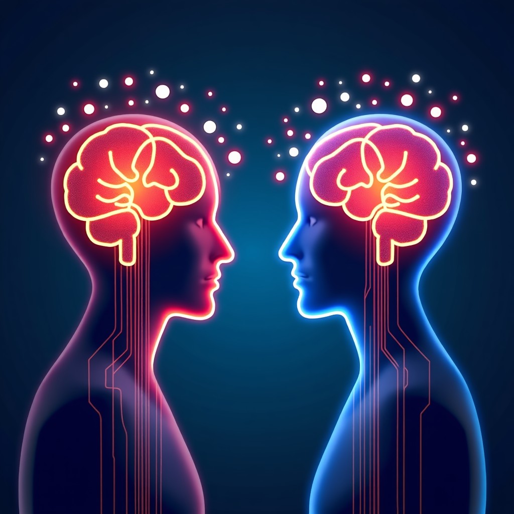 Conceptual illustration of human-AI collaboration in software development. Glowing lines connecting a human brain and an artificial intelligence core with digital code fragments floating between them. Modern infographic style with vibrant colors. 1:1