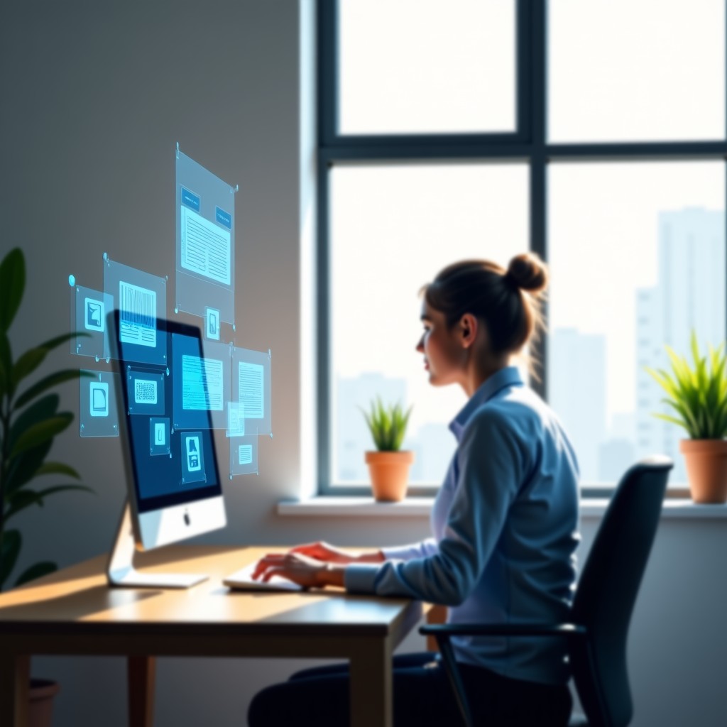 A clean and minimal workspace where a professional person is working alongside multiple floating digital AI interface bubbles, natural daylight streaming through a large window, calm and productive mood, realistic lifestyle photography, 4:3