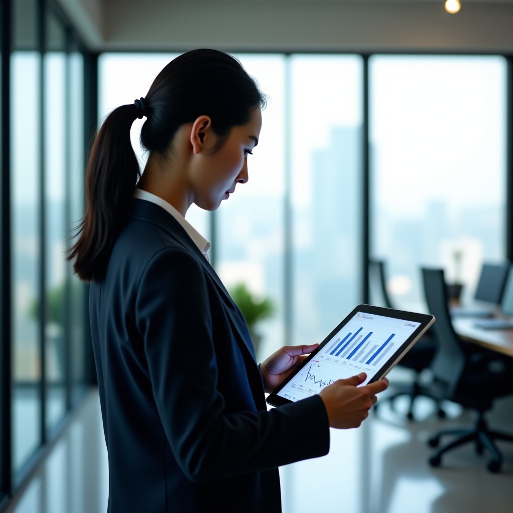 A Korean professional person in a modern office looking at a transparent digital tablet with AI interface showing procurement data, natural indoor lighting, 4:3