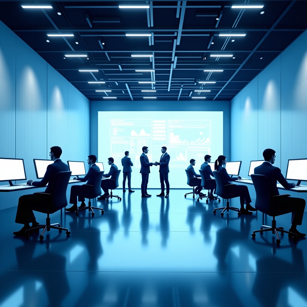 A modern and sleek enterprise office environment where digital AI agent interfaces are seamlessly integrated into workstations. Professionals are collaborating with holographic data visualizations. High-tech, clean, professional atmosphere, soft blue and white lighting. 4:3