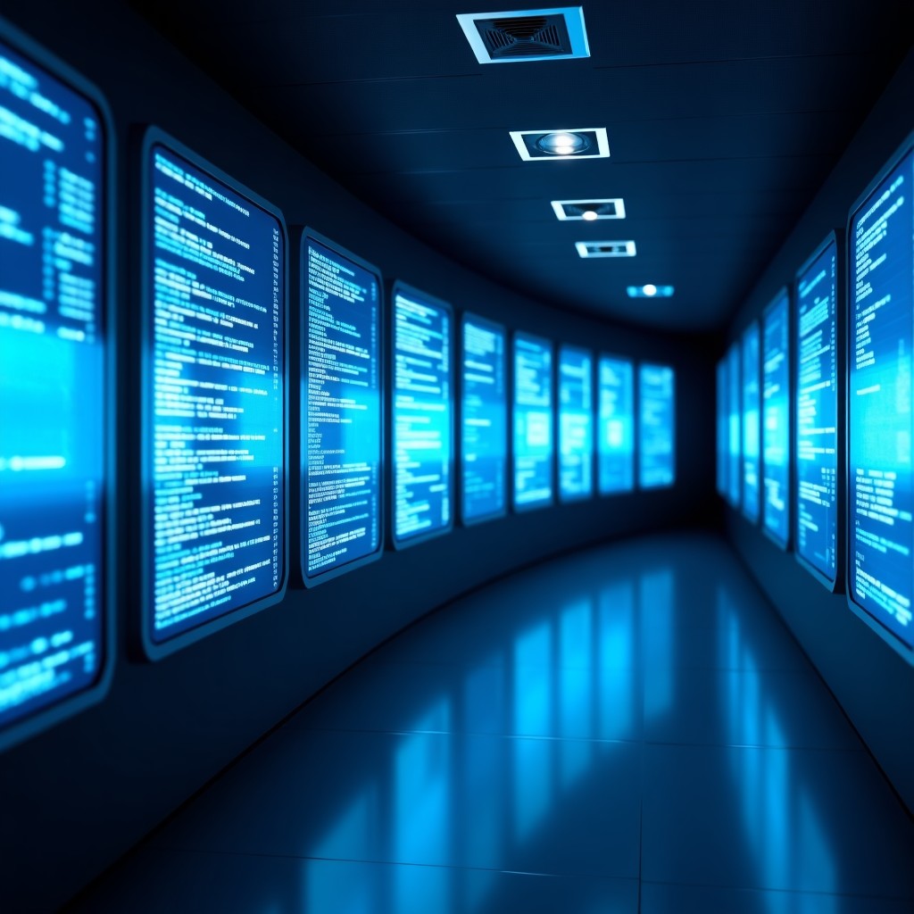 A high-tech digital monitoring room with multiple holographic screens showing data flow patterns, blue and silver color palette, futuristic and professional atmosphere, high contrast, 4:3