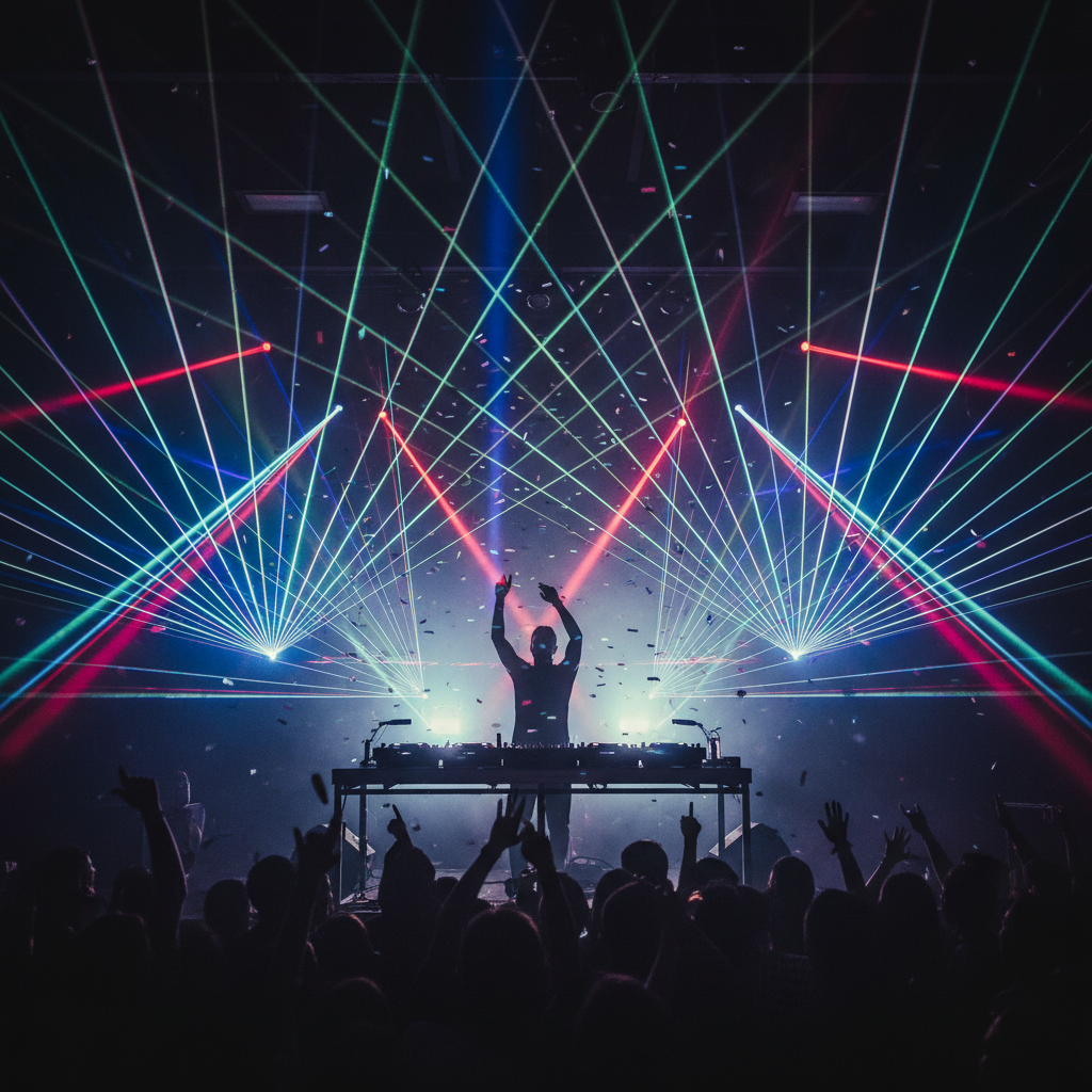 DJ 장비와 화려한 무대 조명 연출