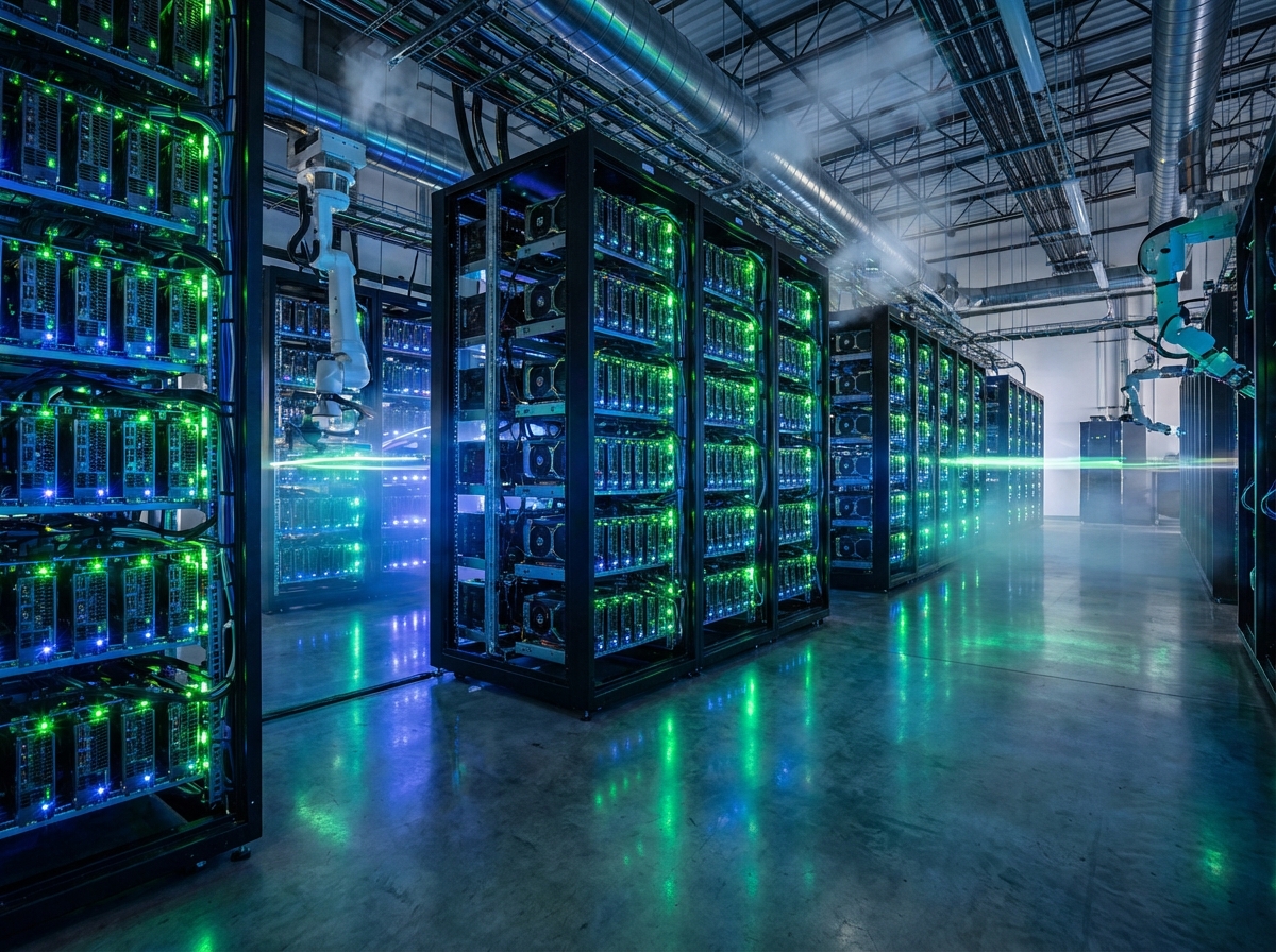 Interior of a high-tech modern data center filled with rows of glowing GPU server racks. Green and blue LED lights reflecting on a polished floor, cinematic atmosphere, high detail, realistic photography, wide angle view. 4:3