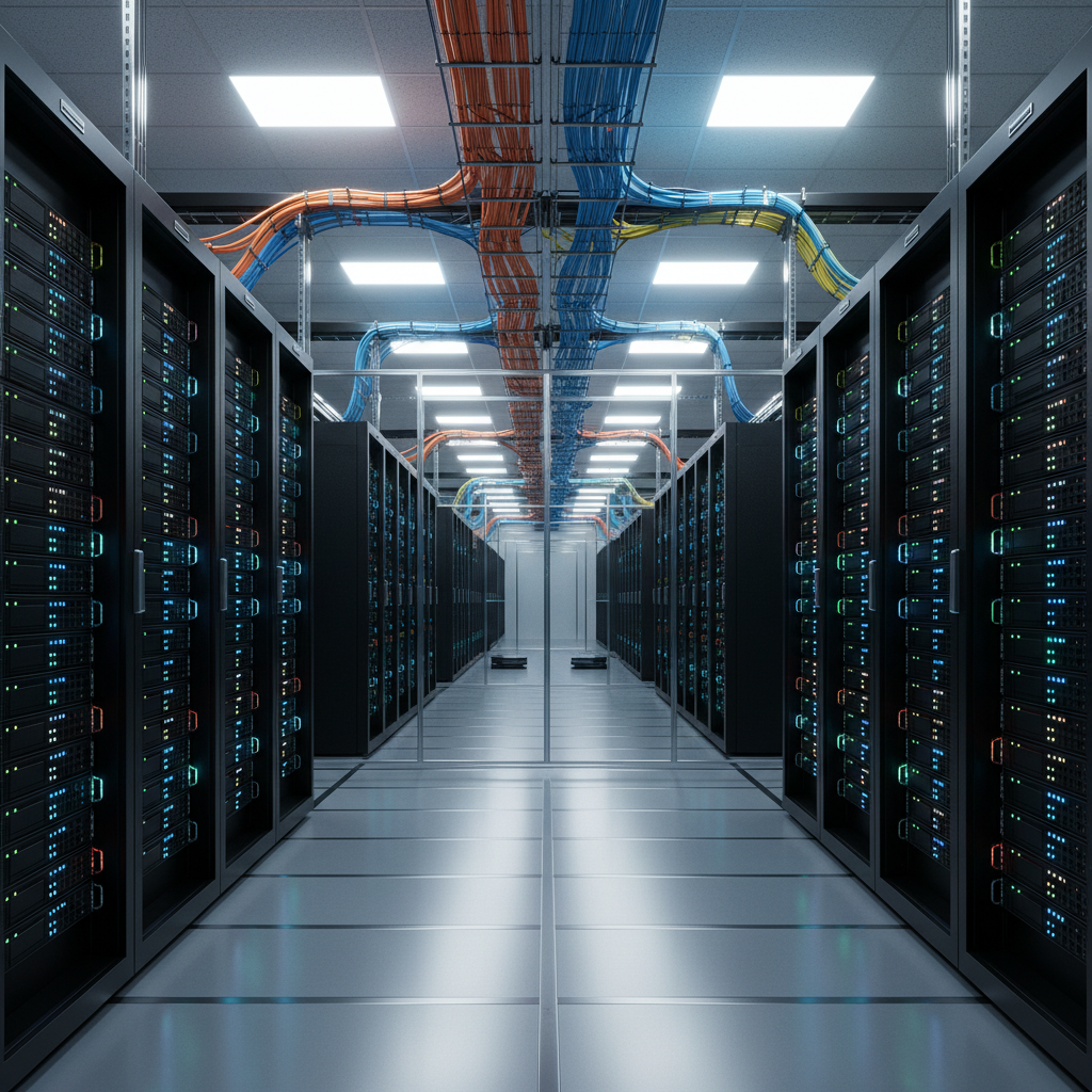 고성능 GPU 클러스터가 설치된 현대적 데이터 센터