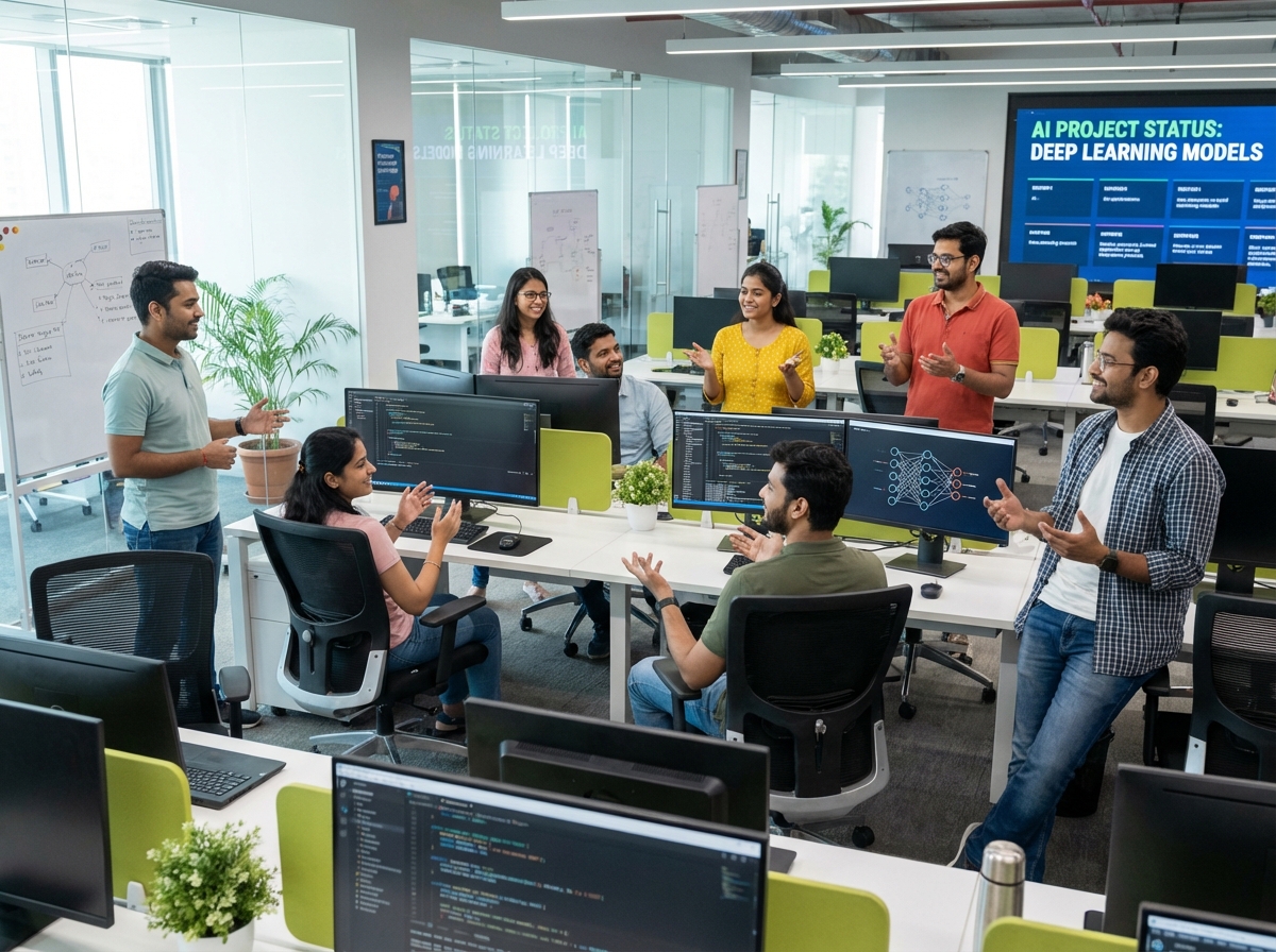 A diverse group of young Indian software engineers working together in a modern open-office environment with digital screens displaying AI code, natural expressions, 4:3