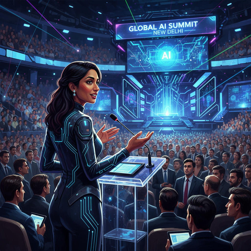 기술 컨퍼런스에서 발표하는 IT 리더의 모습