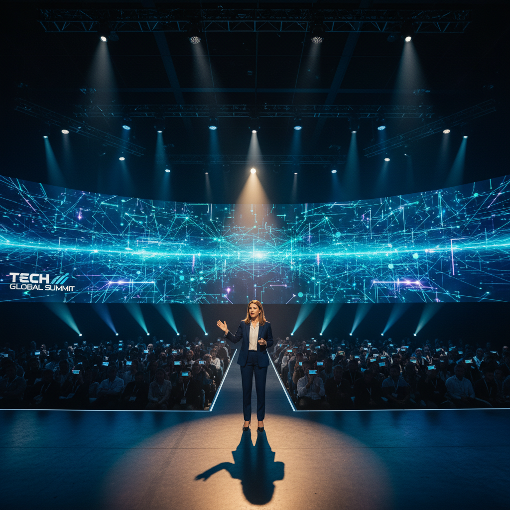 기술 컨퍼런스에서 발표하는 IT 리더