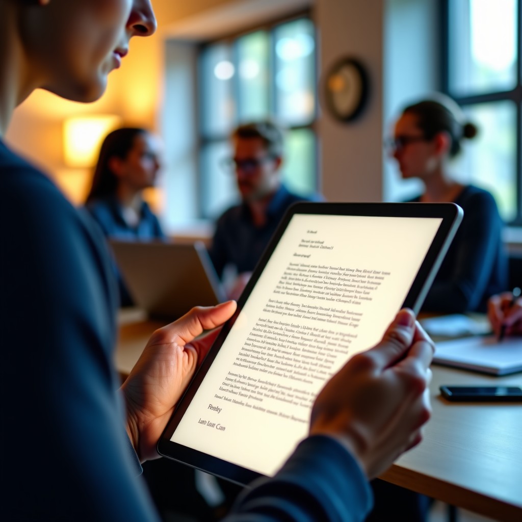 A close up of a glowing digital tablet displaying an open letter with many scrolling names and signatures, blurred office background with a diverse group of tech professionals working together, warm natural lighting, 4:3