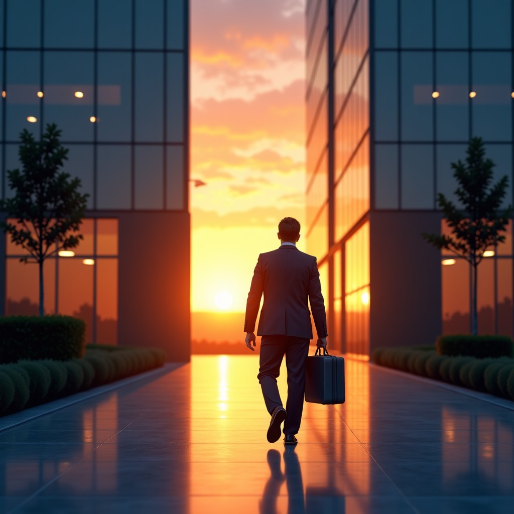 A professional person walking away from a modern glass tech building, carrying a laptop bag, sunset lighting, cinematic atmosphere, 4:3