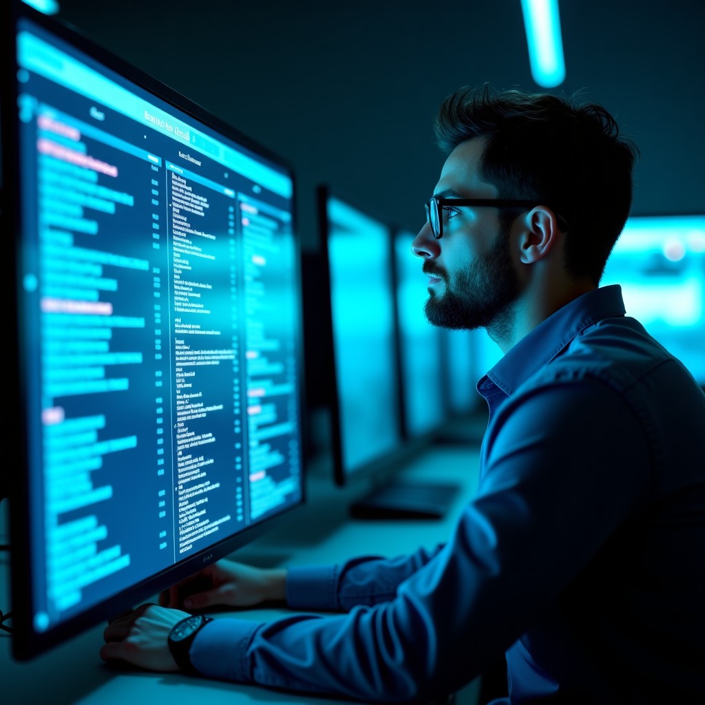 A professional IT security analyst looking at a futuristic transparent screen with data logs in a modern dark office, blue and teal lighting, realistic photography, 4:3