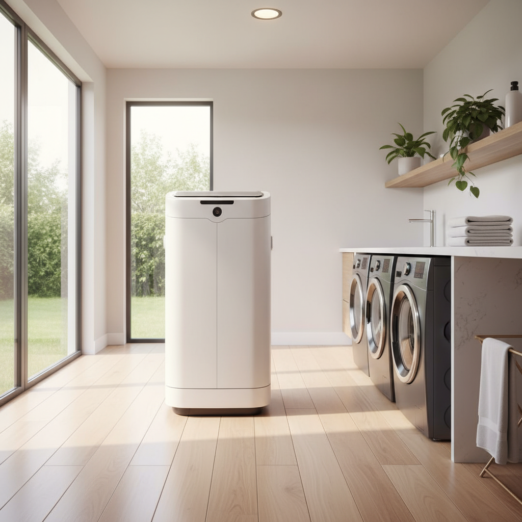 A sleek white minimalist stationary laundry folding robot standing in a modern sunlit laundry room with clean wooden floors and high-end washing machines. 4:3