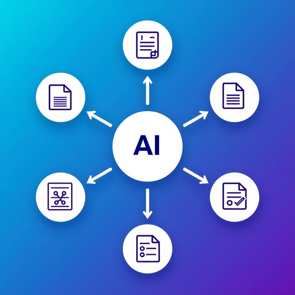 A clean infographic-style illustration representing the Model Context Protocol. A central node labeled AI is connected to various icons representing file systems, documentation, and project settings. Vibrant blue and purple gradient background with a modern tech feel. No text. 1:1
