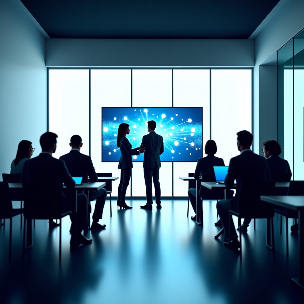 A professional and modern office environment of a high-tech company, employees collaborating in a sleek glass-walled meeting room, digital displays showing abstract network connections, clean and minimalist interior design, bright natural lighting, 4:3