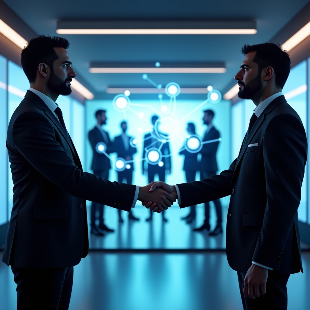 A high-tech office environment where a visionary tech founder and a leading AI executive are shaking hands, futuristic holographic interface showing AI agent networks in the background, cinematic lighting, modern professional atmosphere, 4:3