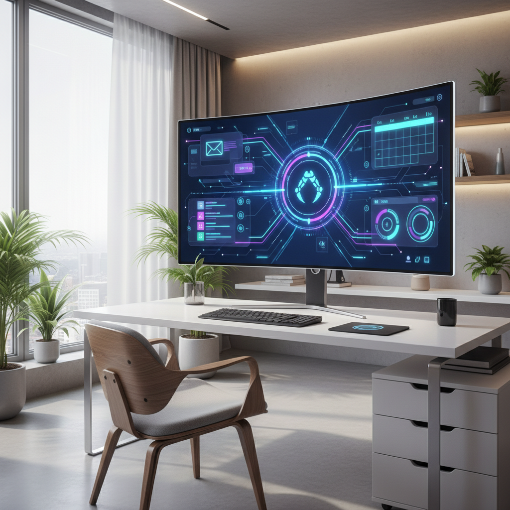 A futuristic and clean scene showing a computer screen with an OpenClaw AI agent interface managing various tasks like emails and calendars. The background is a modern home office with soft, natural lighting. High contrast and high resolution. No text. 4:3