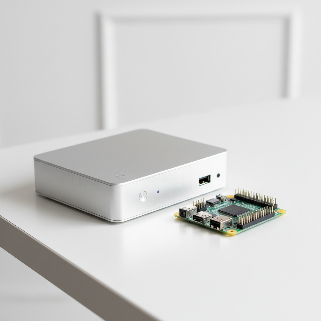 A realistic comparison photo showing a modern silver mini PC next to a small Raspberry Pi board on a minimalist white table. Professional photography, bright studio lighting. 4:3