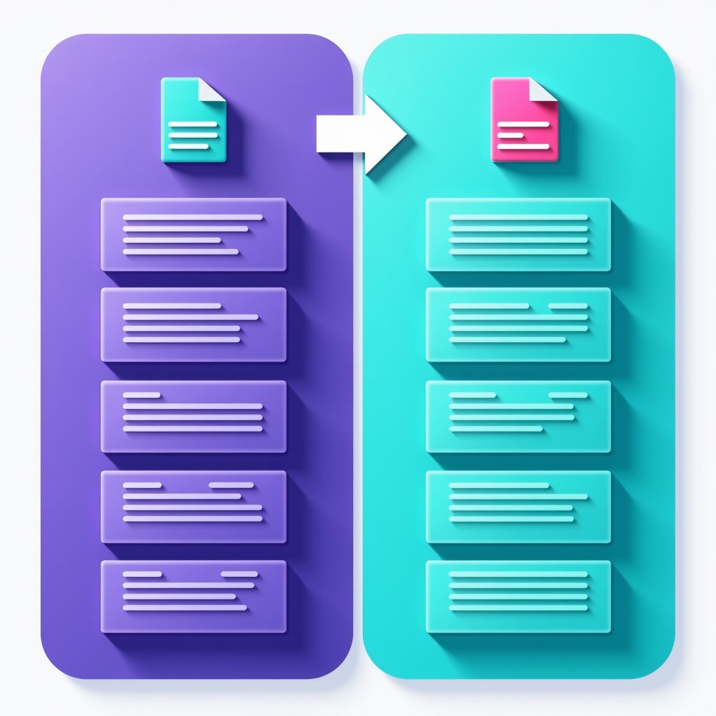 Infographic comparing a structured HTML code on one side and a fragmented PDF layout with coordinates on the other, professional flat design, high contrast, clean lines, vibrant purple and cyan colors, 1:1