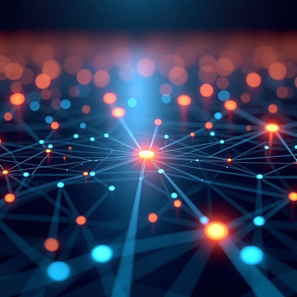 A futuristic digital interface showing high-definition AI video generation nodes, glowing neural network connections representing video data, cinematic lighting, modern technology aesthetic, 4:3