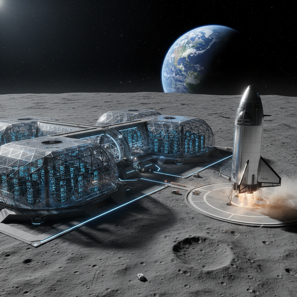 A futuristic lunar base featuring a massive AI data center with glowing blue lights, SpaceX Starship landing nearby on the gray moon surface, Earth visible in the black space background, cinematic lighting, 4:3