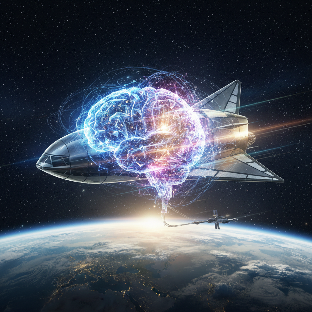 A high-tech conceptual illustration showing the SpaceX Starship and a glowing AI brain network merging together in orbit above Earth, cinematic lighting, futuristic technology theme, 4:3
