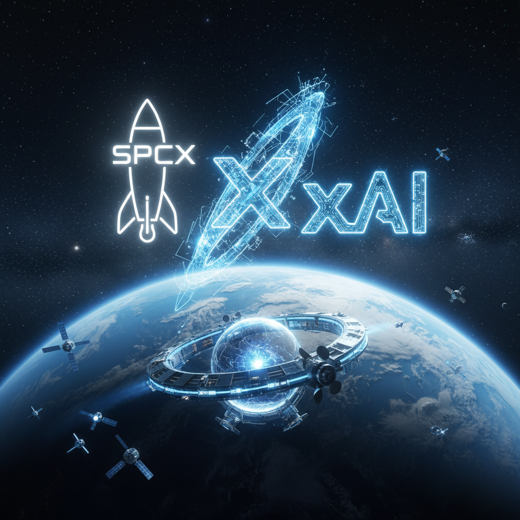 우주 공간에서 결합하는 SpaceX와 xAI 로고