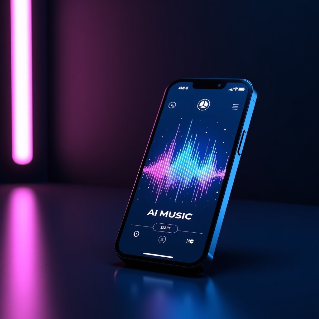 A futuristic digital interface showing a music wave pattern with glowing neon lights and high-tech UI elements. A sleek smartphone screen displays a music generation app with the text AI MUSIC. The background is a dark, modern studio setting with soft purple and blue ambient lighting. High contrast, cinematic lighting, 4:3.