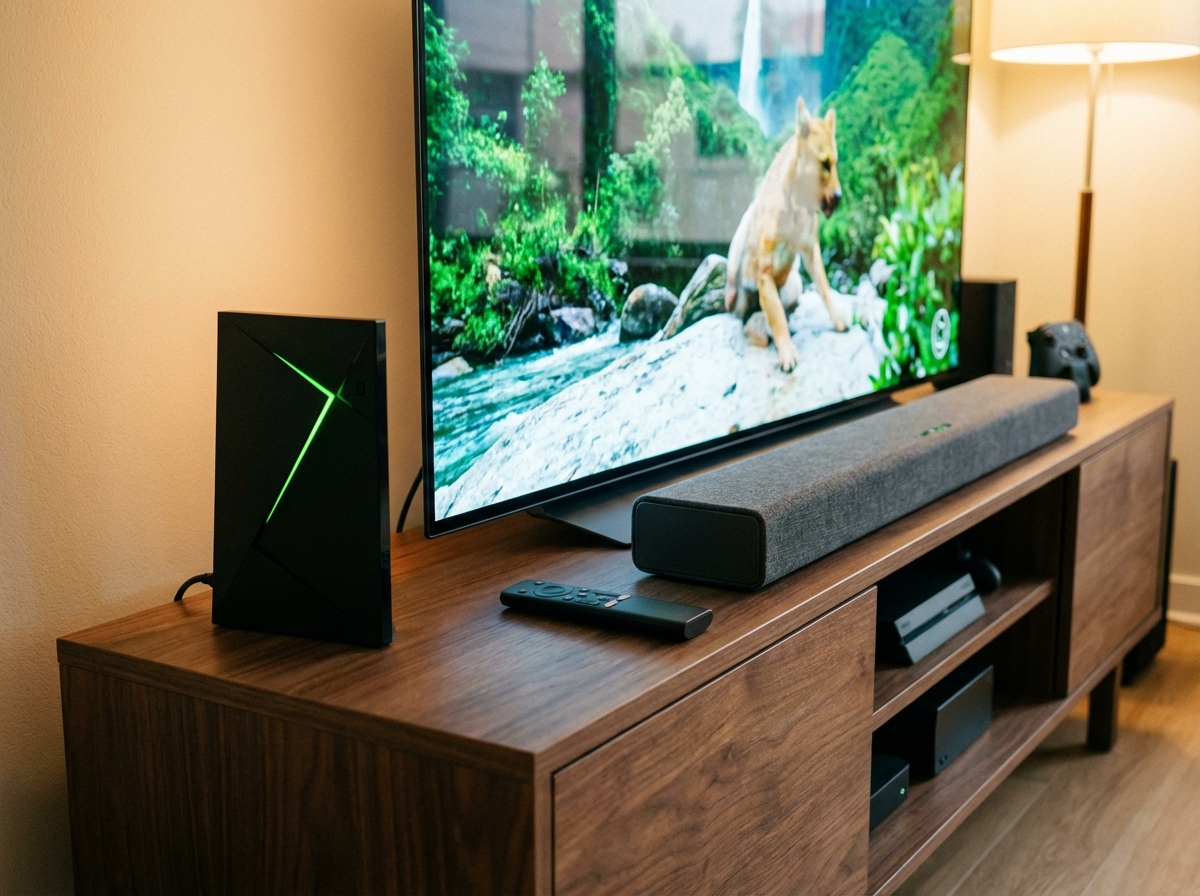 Nvidia Shield TV Pro sitting on a modern wooden TV stand next to a 4K OLED TV, glowing green LED light, premium tech aesthetic, 4:3