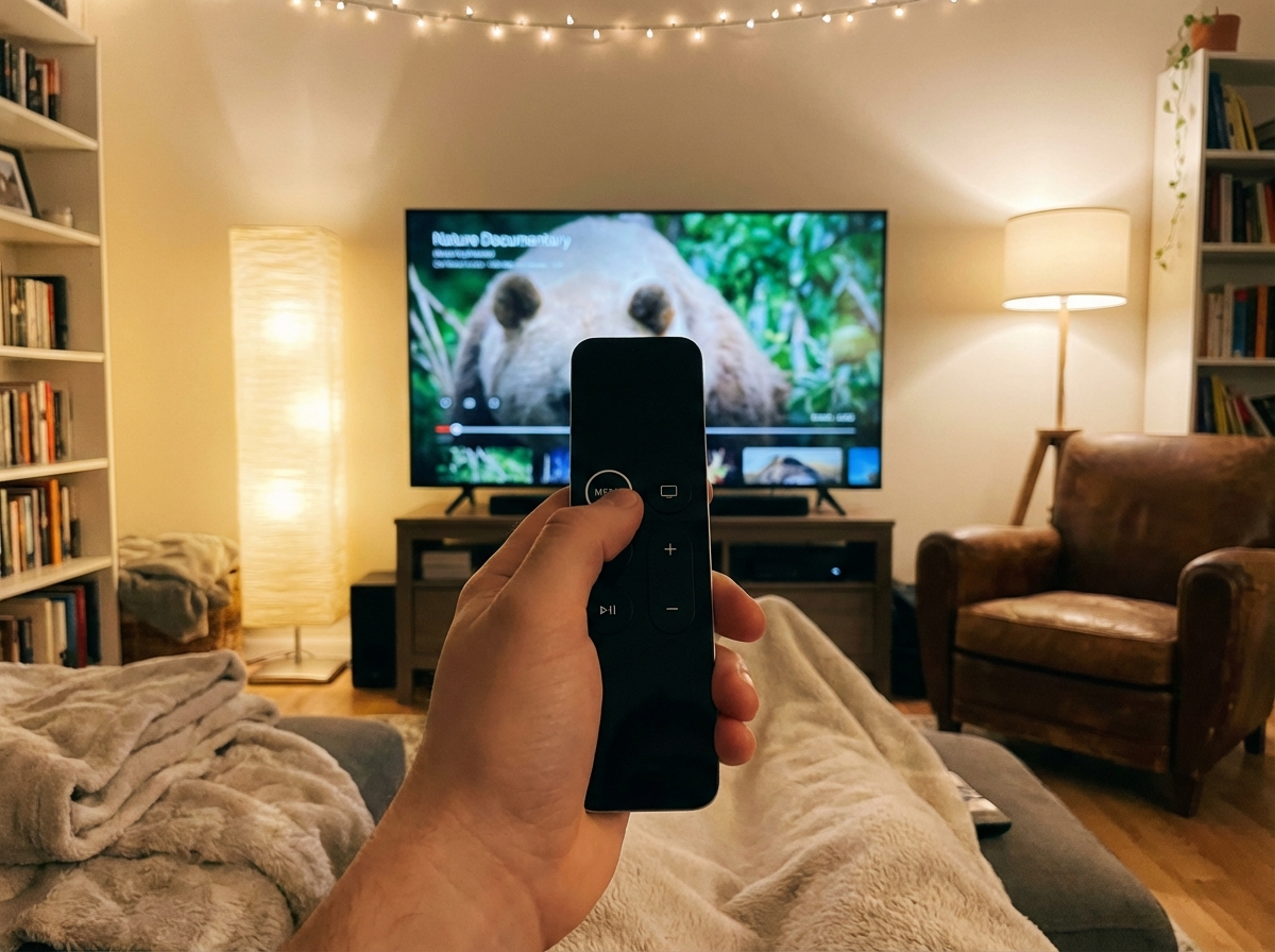 쉴드 TV 리모컨으로 콘텐츠를 선택하는 모습