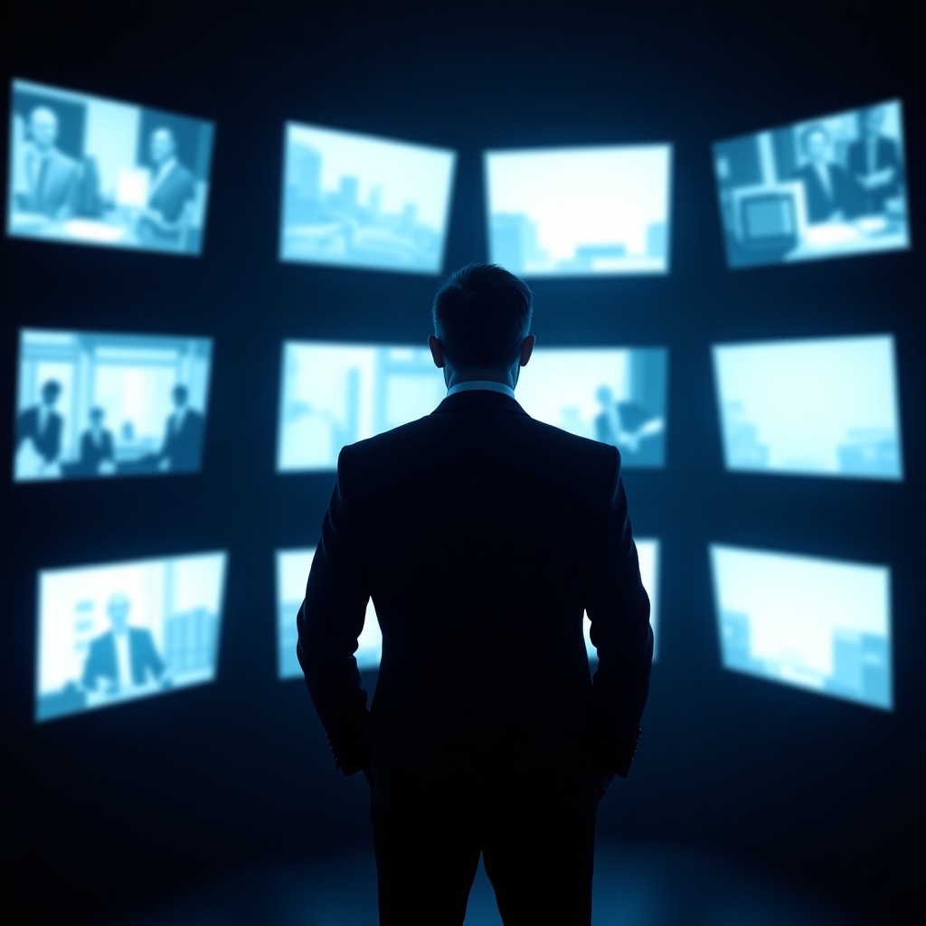 A silhouette of a man in a professional suit standing in front of multiple television monitors showing static and news segments, mysterious and dramatic mood, cool blue tones 4:3