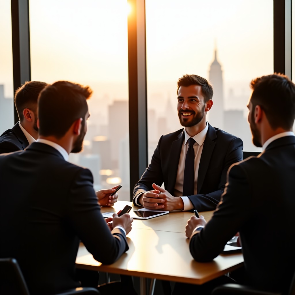 A professional business meeting between a startup founder and venture capitalists in a modern office with a city view, natural sunlight, warm atmosphere, realistic photography, 4:3