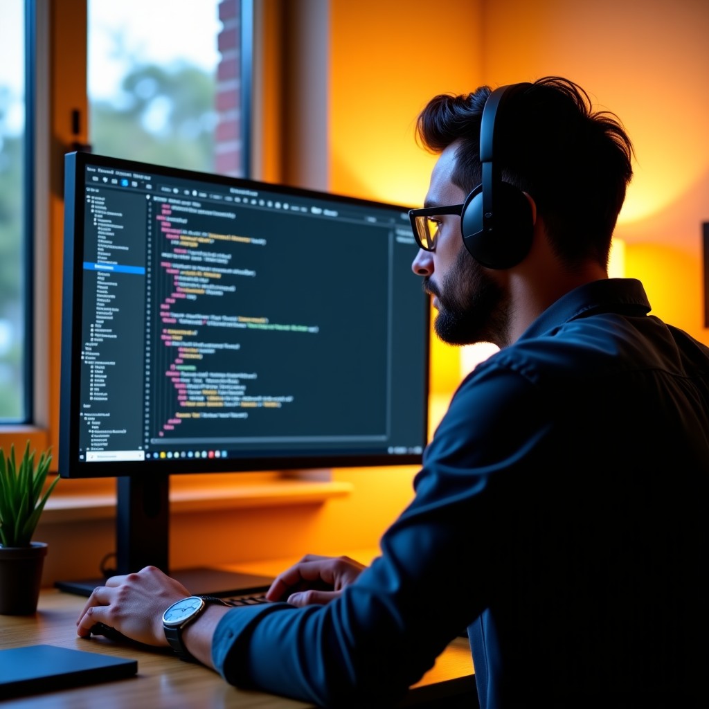 A professional developer focused on coding using VS Code on a multi-monitor setup in a cozy home office, AI suggestions appearing instantly on screen, warm natural lighting, 4:3