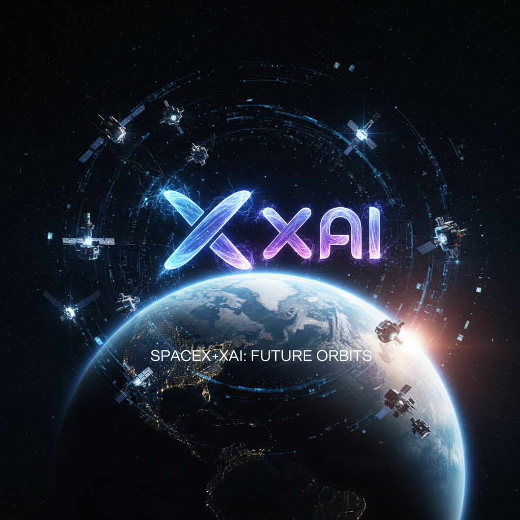 A futuristic digital concept showing the SpaceX logo and xAI logo merging in orbit around Earth, with glowing data streams and satellites connecting them, high contrast, cinematic lighting, 4:3
