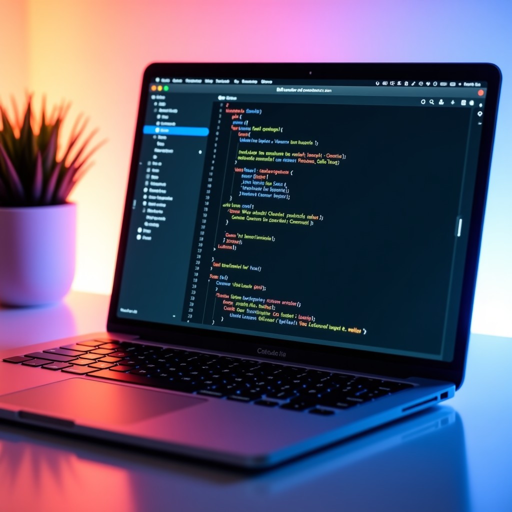 A high-tech laptop screen showing the Xcode 26.3 interface with a prominent AI assistant sidebar on the left. The screen displays colorful Swift code and a natural language prompt box. The setting is a clean modern desk with soft ambient lighting, 1:1.