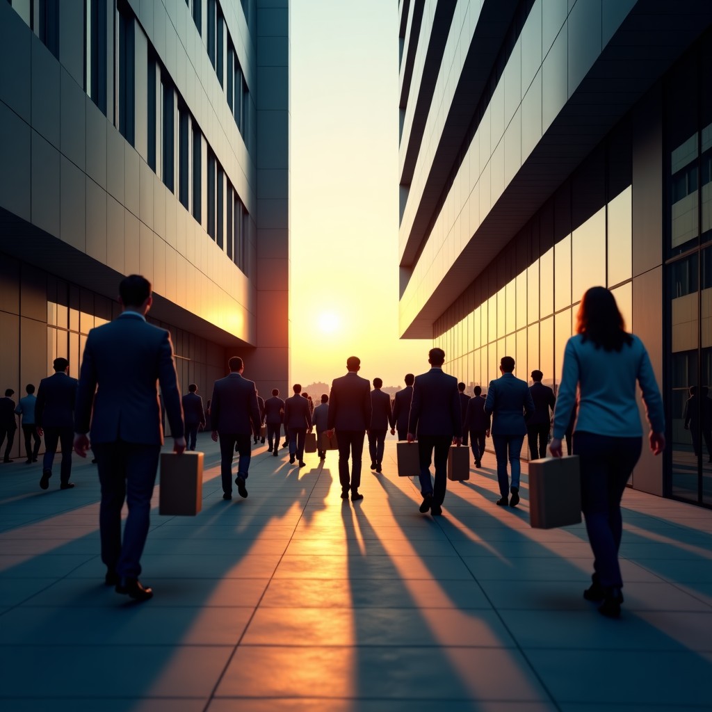 A cinematic shot of a modern high-tech office building at dusk with many people carrying personal belongings in boxes walking away from the entrance. The scene has a serious and somber atmosphere with long shadows. High quality photography. 4:3