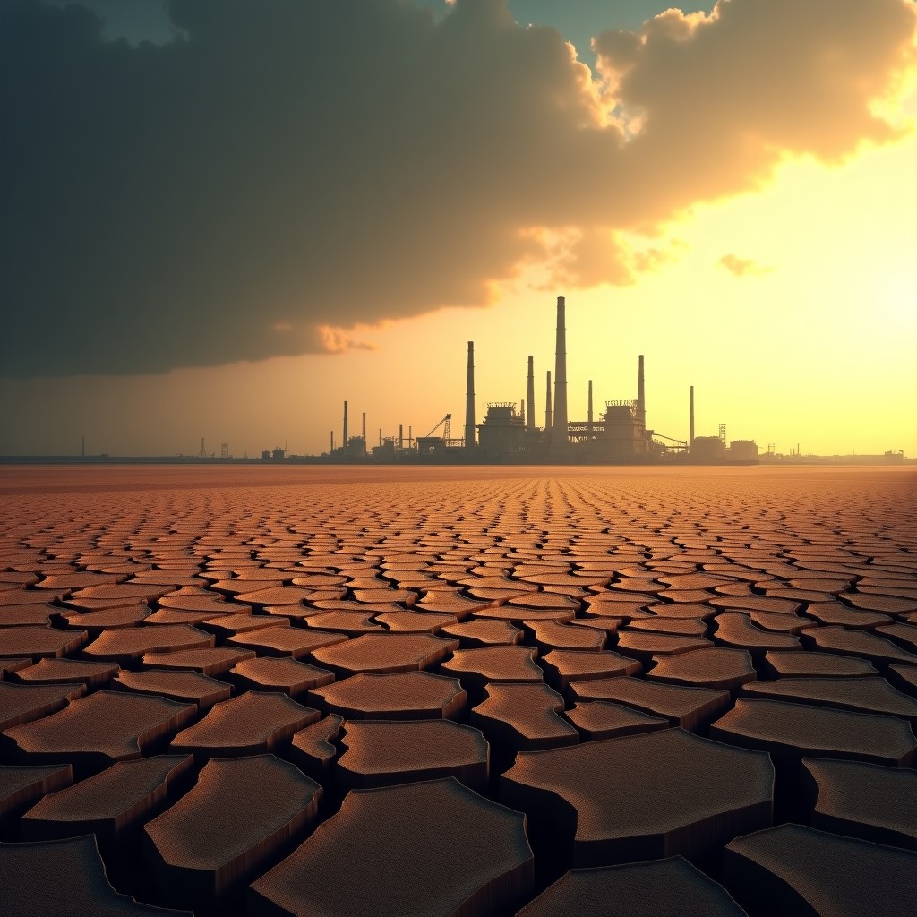 A dry and cracked farm land in the foreground with a modern industrial facility in the far distance, dramatic lighting, high contrast, textured background, 4:3