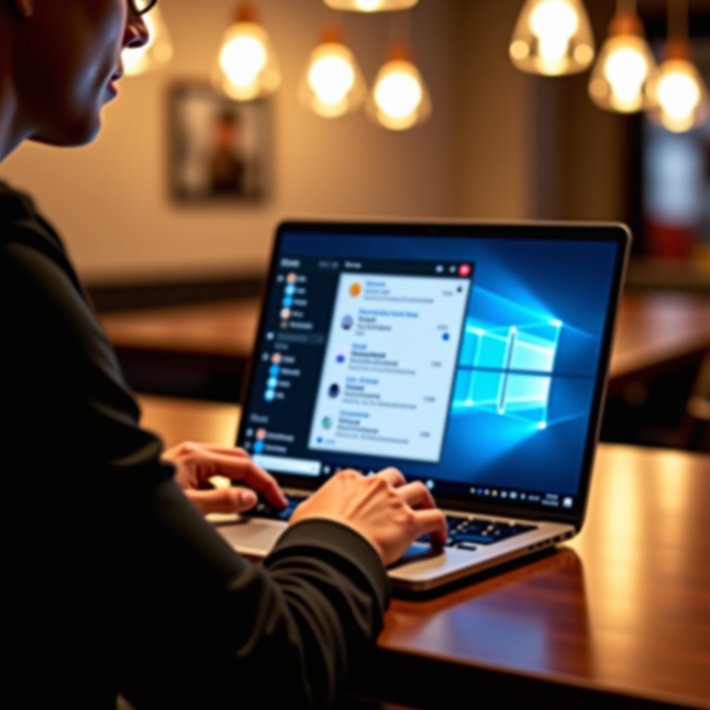 A close-up shot of a person using a sleek laptop in a cafe setting with warm lighting. The screen shows a lightweight and fast user interface of a development tool. The atmosphere is calm and focused on efficiency. 4:3