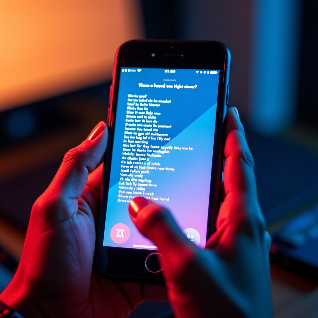 Close up of hands holding a phone, selecting a specific sentence from a lyric screen to share on social media. Artistic and aesthetic interface. 4:3