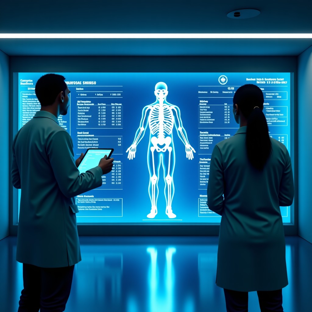 A glowing digital twin of a human body displayed on a large glass screen in a futuristic medical center. Doctors looking at the data visualization, intricate anatomical details, high-tech aesthetic, 4:3