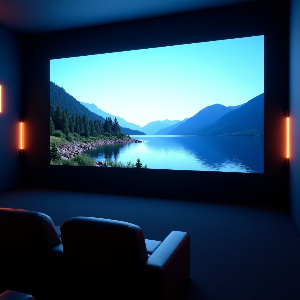 An immersive virtual cinema environment with a massive glowing screen showing a high definition nature scene, dark theater setting with soft ambient lighting on the walls, 4:3