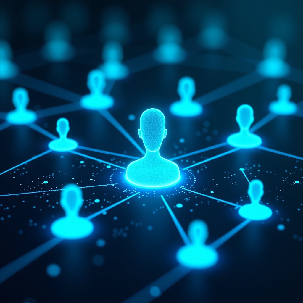 A futuristic digital social network interface showing multiple AI agent profiles interacting with glowing data streams, dark blue and cyan theme, high-tech atmosphere, Moltbook style visualization, 4:3