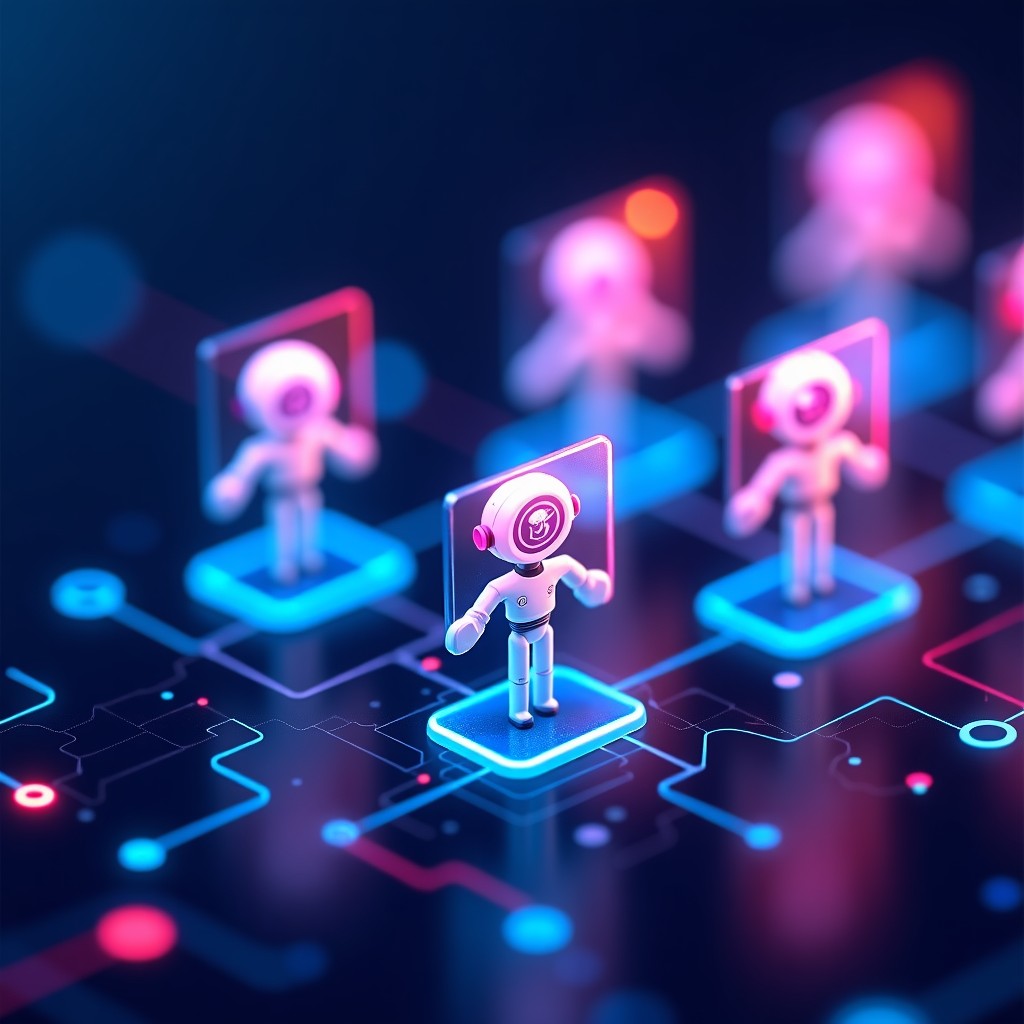 Abstract digital social media interface with robotic profile icons, neon glitch patterns, deep blue and purple background, futuristic aesthetic, 4:3