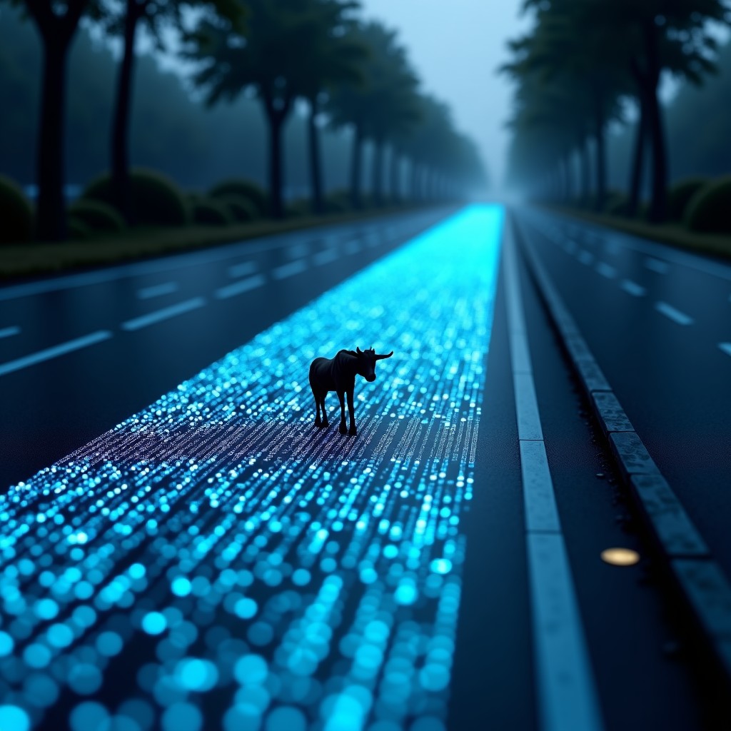 Close up of an autonomous vehicle lidar sensor generating a 3D point cloud of a street with an unexpected large animal obstacle, technical visual representation of sensor data, high contrast, 4:3