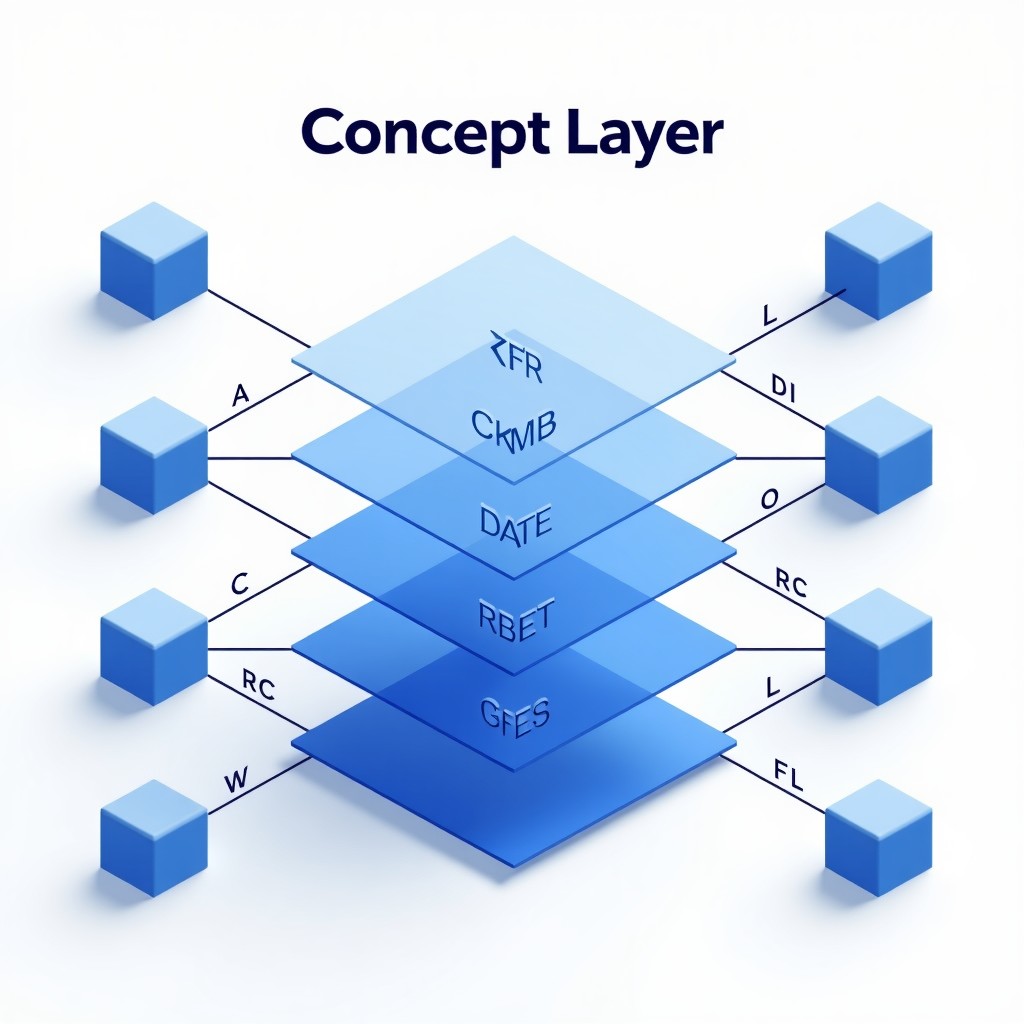 A clean infographic showing a neural network with a transparent layer labeled Concept Layer. Data flows from training sets through this layer to produce traceable output tokens. Modern technology aesthetic, high contrast blue and white theme, 1:1