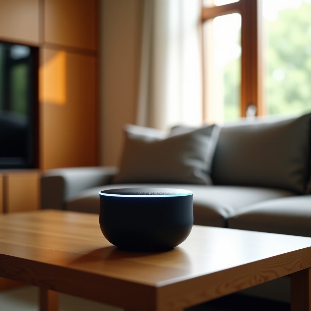 A sleek and minimalist smart speaker on a wooden table in a warm modern living room. The device has a soft glowing ring indicating an active AI assistant. Natural daylight lighting. No text. 4:3