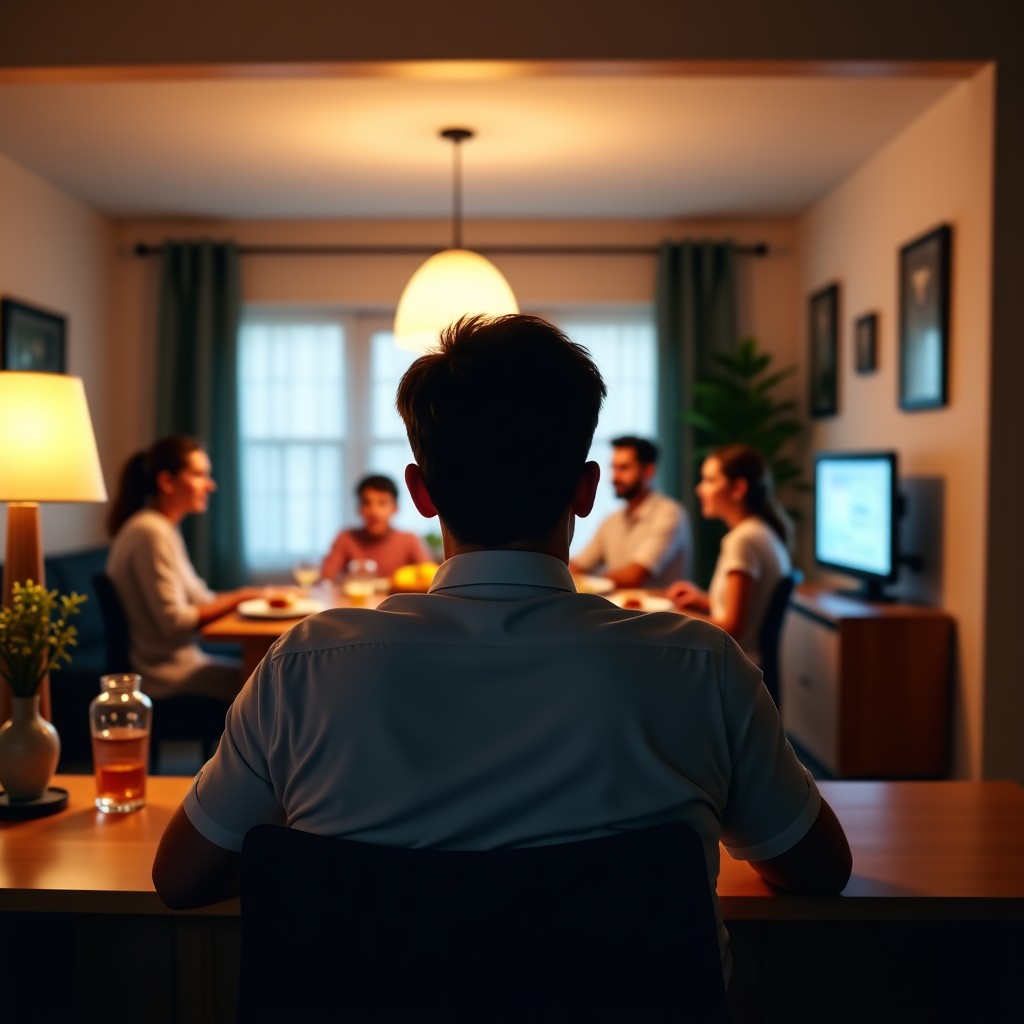 A wide shot of a living room where a family is having dinner in the background, out of focus. In the foreground, a man sits at a desk staring intensely at a computer screen, ignoring his family. Warm indoor lighting but with a sense of emotional distance. Lifestyle photography, 4:3