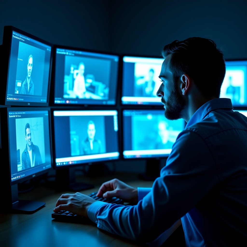 A technician analyzing digital video frames on multiple screens, close-up on professional workstation, dark room with blue ambient light, thoughtful and analytical atmosphere. 4:3